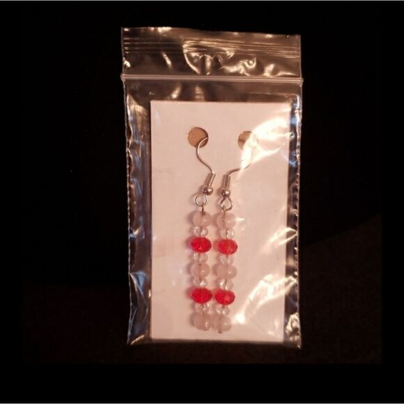 Beautiful Hand-Crafted Red and White Drop Earrings - Picture 3 of 3